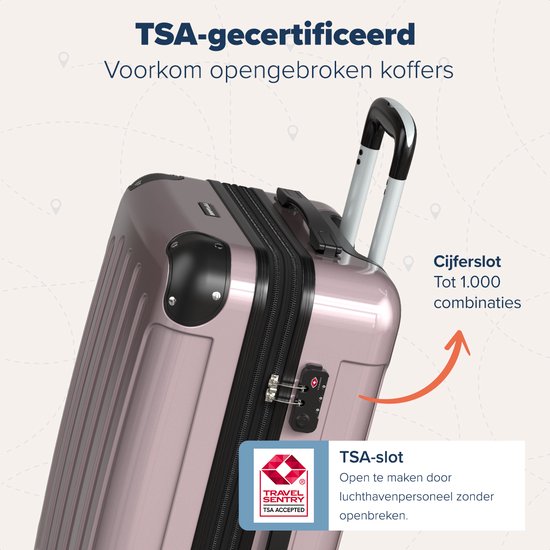 TRVLMORE - Kofferset - 3 Stück - Komplettes Reisekofferset - 45L Handgepäck + 75L und 115L geräumiges Gepäck - Rose Gold