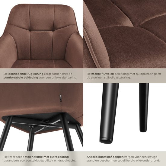 tectake® Esszimmerstuhl Marilyn - Polsterstuhl in Samtoptik - Nahtmuster - Schwarze Stuhlbeine - Ergonomischer Küchenstuhl - Mit durchgehender Rückenlehne und Armlehnen - Stuhl für Wohnzimmer, Esszimmer, Schlafzimmer - Braun