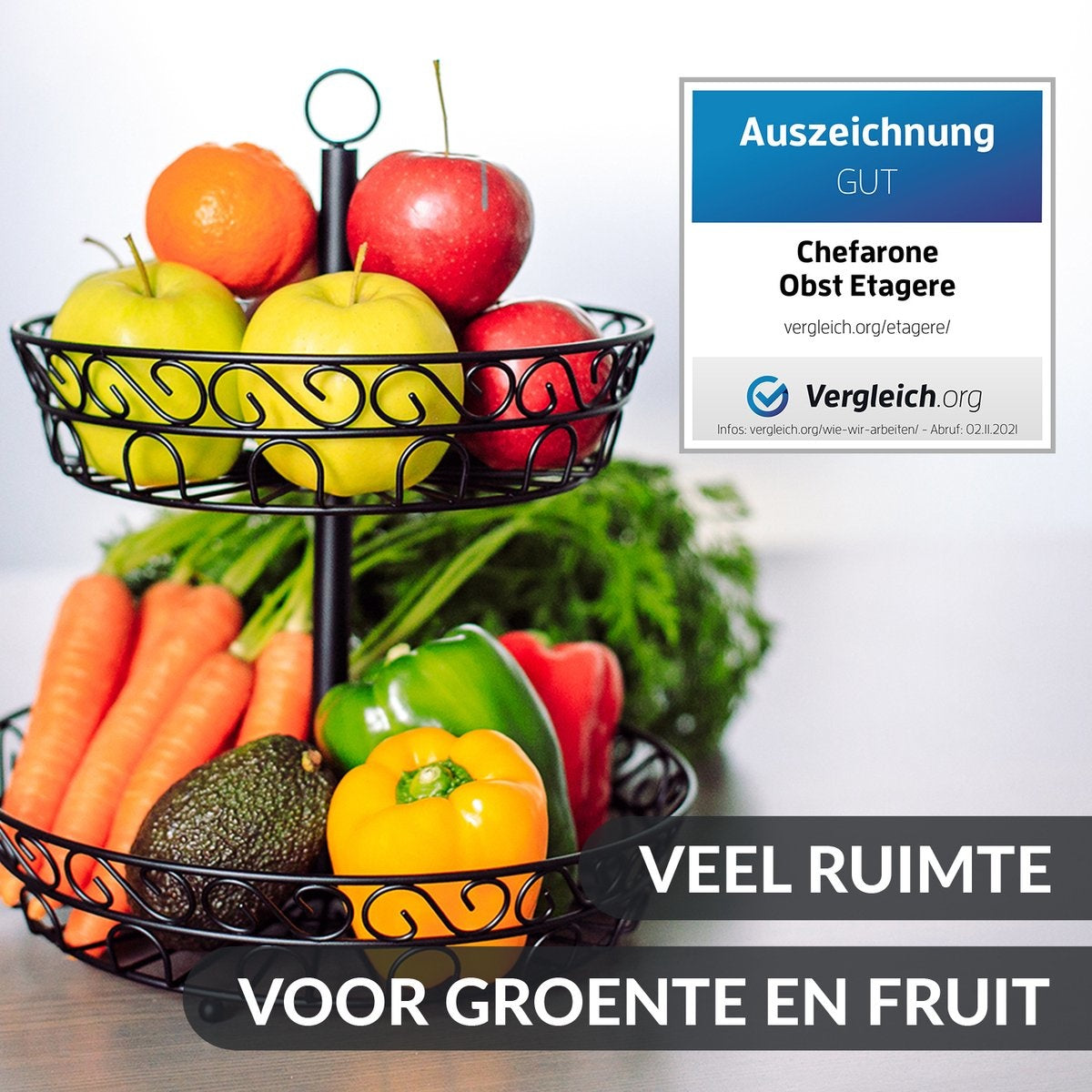 Chefarone Obst Etagere - Obstkorb - Obstschale - Gemüsekorb - Aufbewahrung - 2 Schichten - Metall - Schwarz