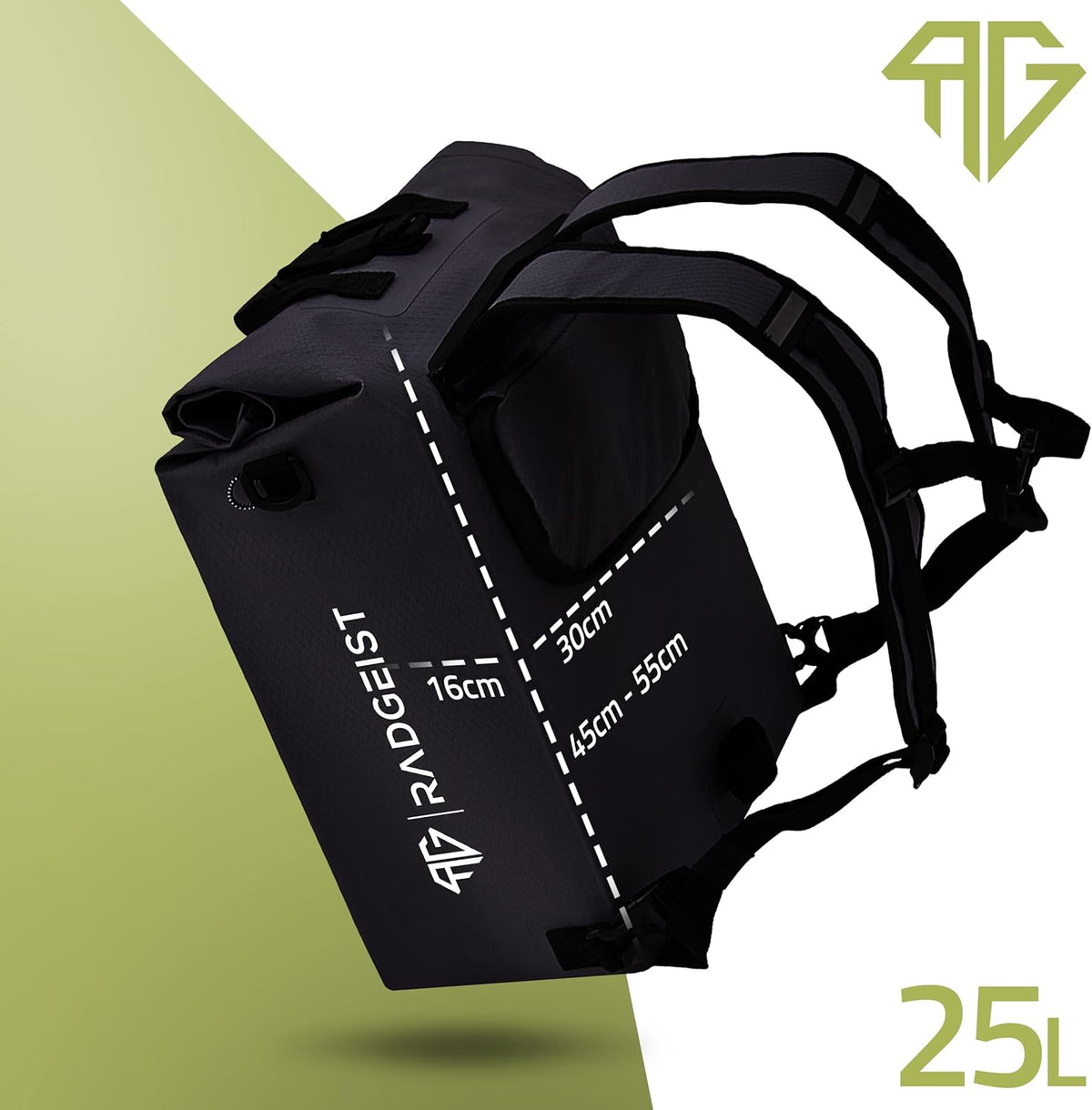 Radgeist 3-in-1-Fahrradtasche für den Gepäckträger – 25 Liter – Wasserdicht – Mit Laptopfach – Schwarz.