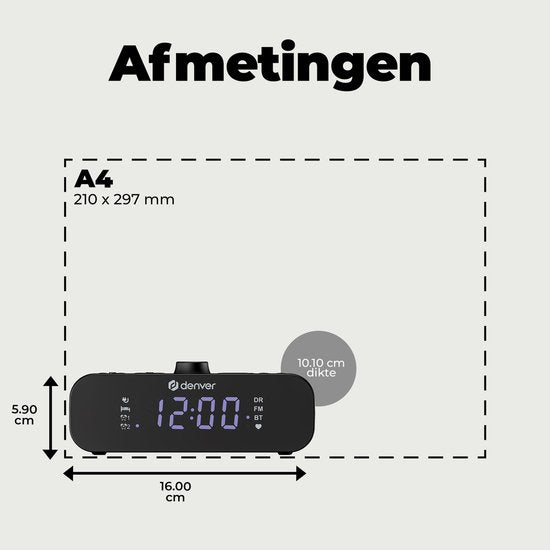 Denver Radiowecker DAB mit Bluetooth - Digitaler Wecker - Aufladen über USB-C - FM-Radio - Dualer Alarm - CRD515
