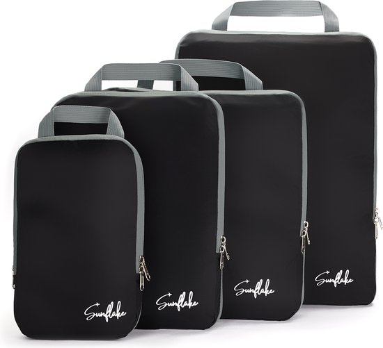 Packwürfel mit Kompressionsreißverschlüssen - Set mit 4 Kompressionswürfeln für Rucksack und Koffer - Kompression - Schwarz - Sunflake