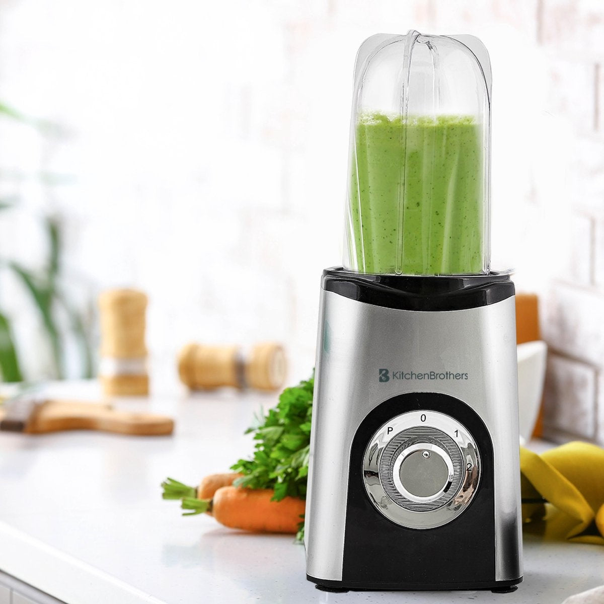 KitchenBrothers Smoothie Mixer - 13-teiliges Set - 4 Becher - Smoothie Maker To Go - 350W - Edelstahl