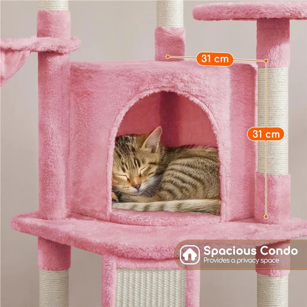 Yaheetech Kratzbaum mit Katzenhaus und Liegeplattform – Hellrosa – 43,5 x 43,5 x 106 cm