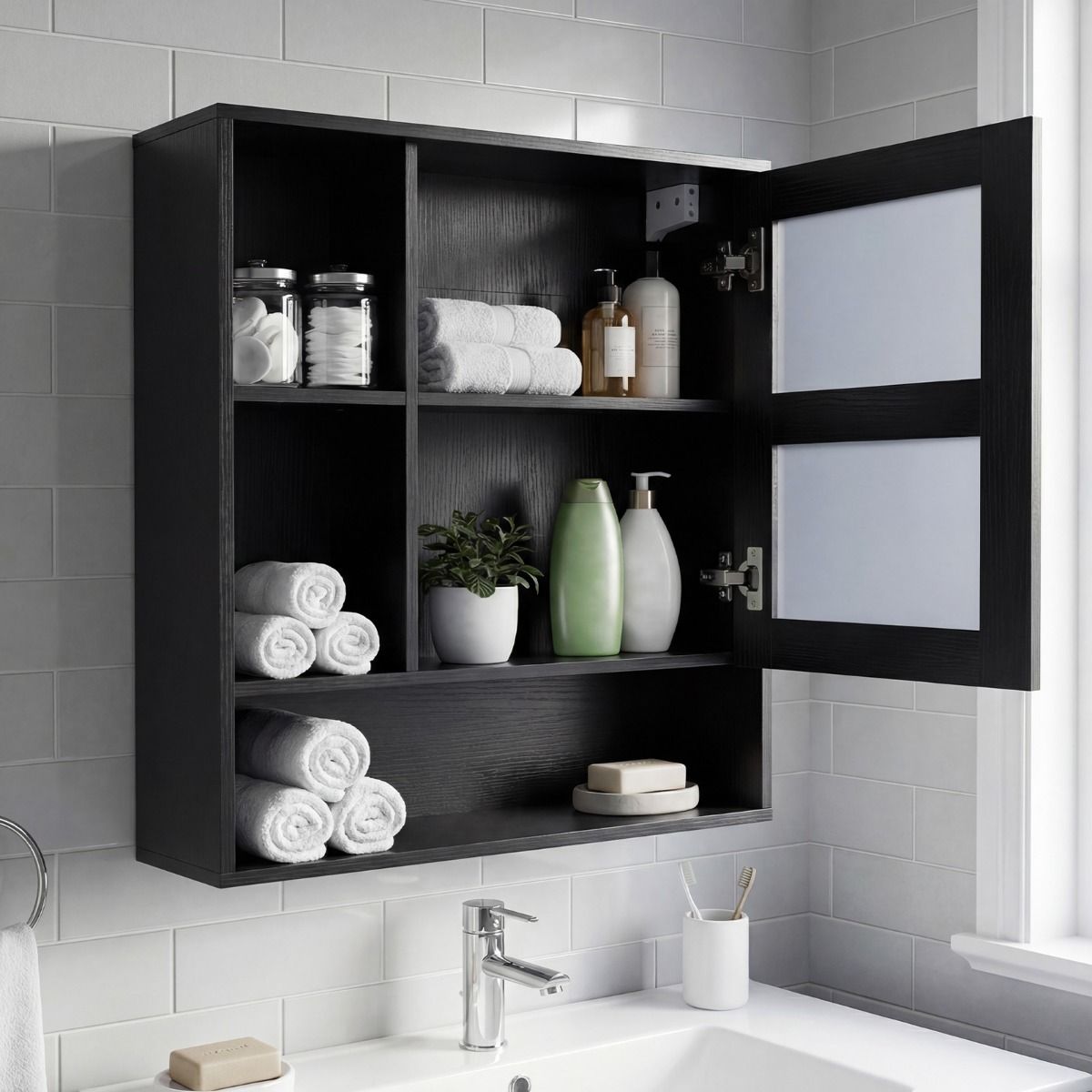 Coast Spiegelschrank Badezimmerschrank mit Spiegeltür – Schwarz – 56 x 16 x 61 cm
