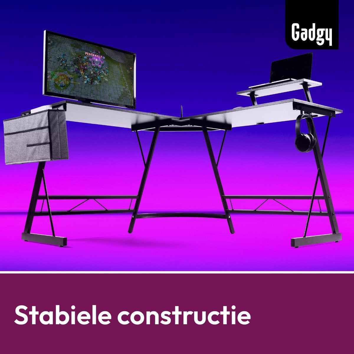 Gadgy Game Desk Carbon PRO - Gaming-Eckschreibtisch 130 CM breit - Gaming-Schreibtisch mit Carbon-Details - Gaming-Schreibtisch L-Form mit Kopfhörerhalter, Bildschirmerhöhung & Ablagekorb - Level Up with Gadgy - Black Carbon