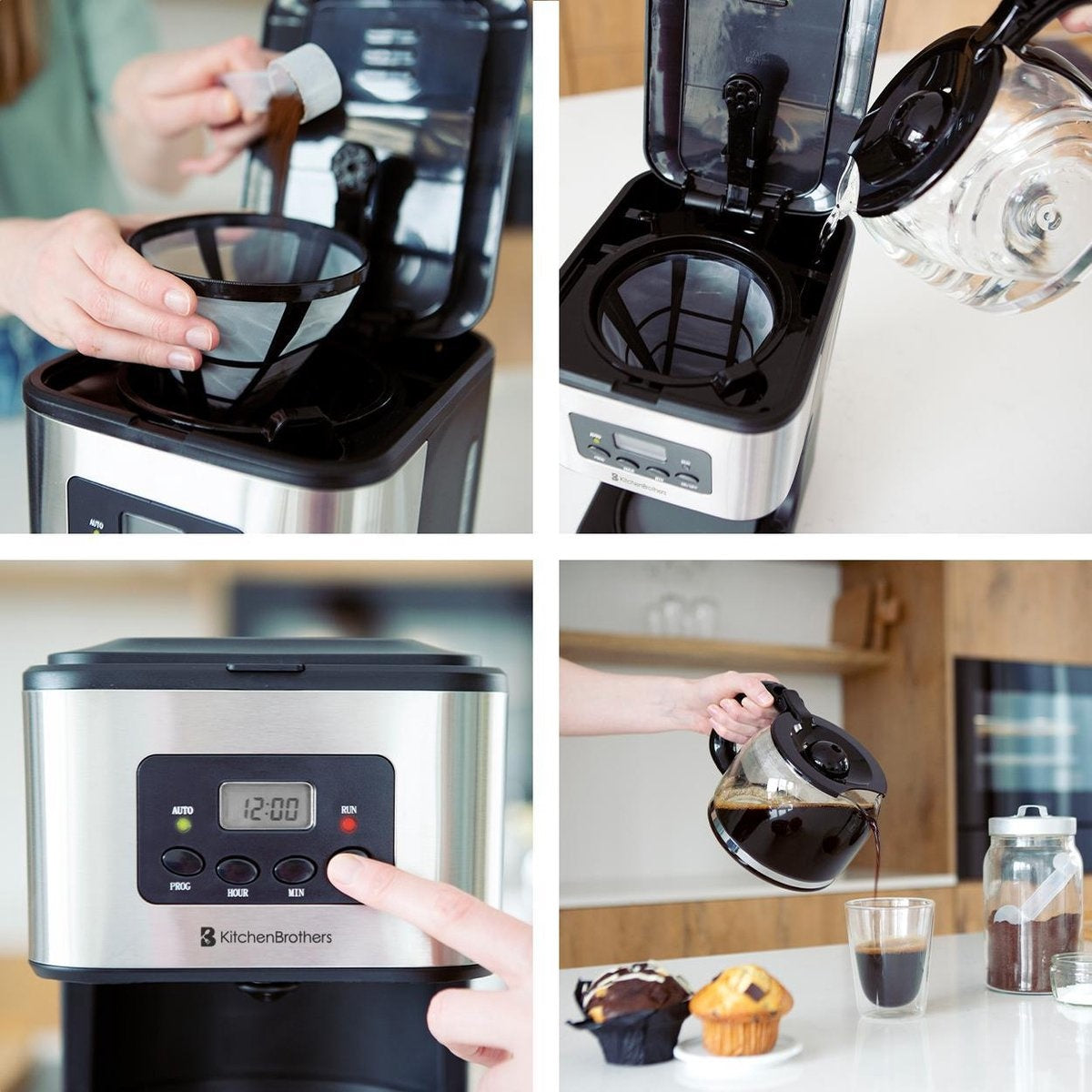 KitchenBrothers - Kaffeemaschine - Filterkaffee - mit Glaskanne - 12 Tassen - Schwarz/RSF