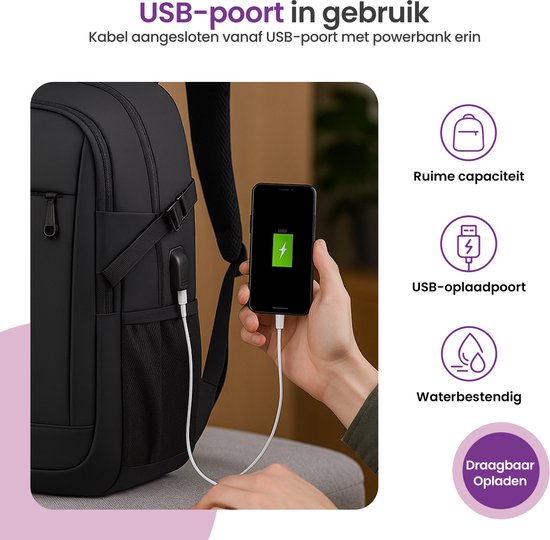 Gofun Rucksack - 35L - 15.6-inch - Wasserdicht & Anti-Diebstahl - USB-Anschluss - Rucksack - Schultasche - Laptop-Tasche - Schwarz