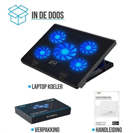 Strex Laptop Kühler Ständer - 5 Lüfter - 3 Kühlmodi - 6 Höhenstufen - Für 10-17 Zoll Laptops - Schwarz