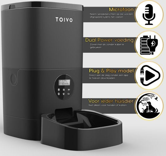Toivo - Automatischer Futterspender - 4L Pro - für Katzen und Hunde - mit Batterie - Schwarz