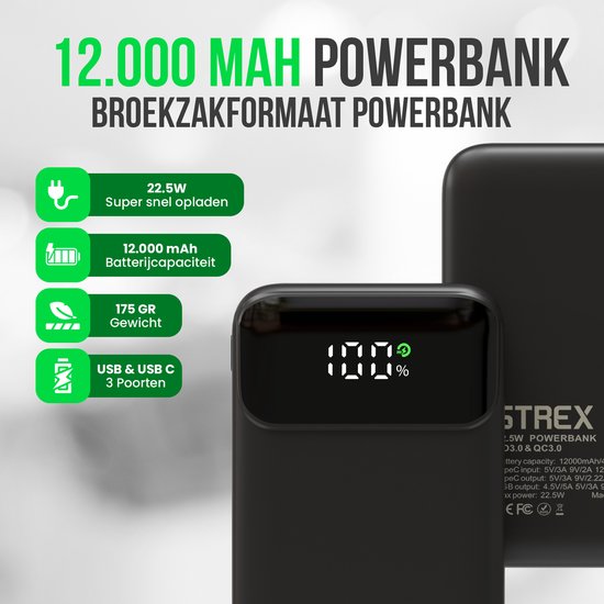 Strex Powerbank - 12.000 mAh - 22,5W Schnellladegerät - USB-A/USB-C - LED-Anzeige - Universal Powerbank geeignet für iOS/Android, u.a.