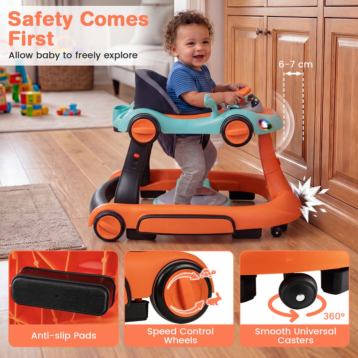 Coast 7-in-1-Lauflernwagen – höhen- und geschwindigkeitsverstellbar – mit Musik und Licht – orange
