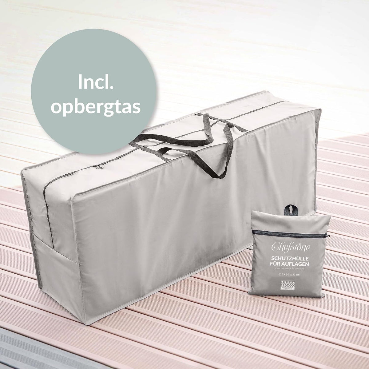 Chefarone Aufbewahrungstasche für Gartenkissen – wasserabweisend – 125 x 50 x 32 cm – 420D Polyester – hellgrau