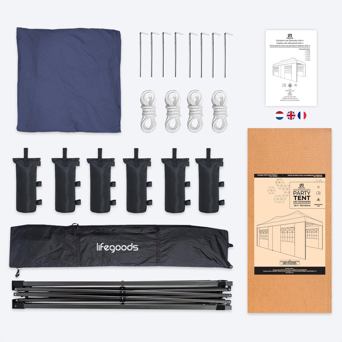 LifeGoods Partyzelt - 3x6 m - Seitenwände - Easy Up - Dunkelblau