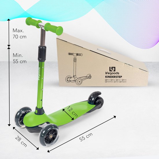 LifeGoods - Kinderroller - 2-5 Jahre - 3 leuchtende LED-Räder - höhenverstellbar - Jungen/Mädchen - Grün