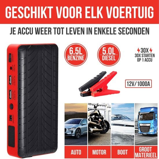 Strex - Starthilfe fürs Auto - 12V - 1000A / 18.000 mAh - 4-in-1 Starthilfe mit Powerbank - LED-Taschenlampe - SOS-Notleuchte - Rot