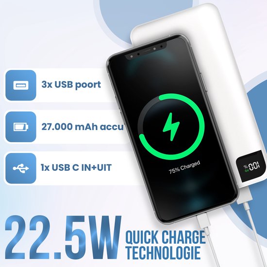 Strex Powerbank White - 27.000 mAh - 22,5W Schnellladegerät - USB-A/USB-C - LED-Anzeige - Universal Powerbank u.a. geeignet für iOS/Android