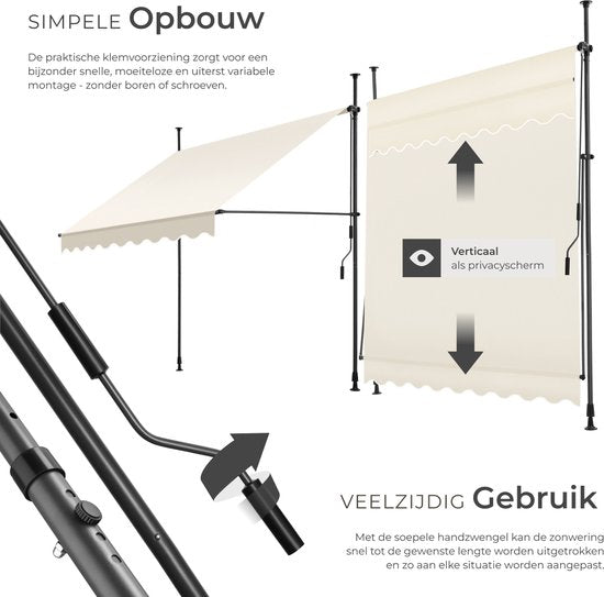 tectake® Klemmmarkise mit Handkurbel – Balkonmarkise ohne Bohren – Höhenverstellbar – UV-beständig – Wasserabweisend – Terrassenüberdachung – Sonnenschutz für Terrasse und Balkon – Breite 200 cm – Beige
