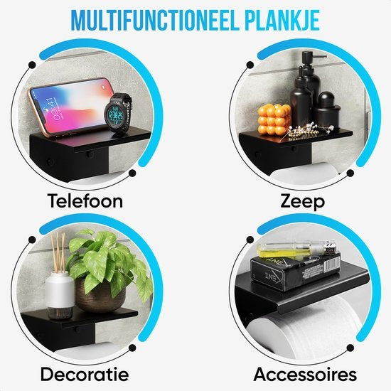 Strex Toilettenpapierhalter mit Ablage - Schwarz - Selbstklebend / Bohren / Kein Bohren - Toilettenpapierhalter - Toilettenpapierhalter