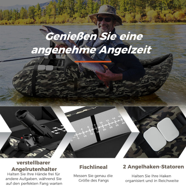 Coast Aufblasbares Fischerboot - Verstellbare Rutenhalter & Rückenlehne - 2 Hakenhalter - 135 x 109 x 54 cm - Camouflage
