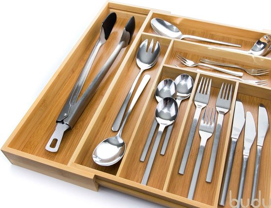 Budu Extendable Bamboo Cutlery Tray #43 - Besteckkassette Holz - 43 x 32.2 - 53 cm - 6/8 Fächer