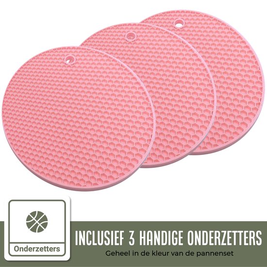 COOCK 19-teiliges Pfannenset - Spezielle Antihaftbeschichtung - Ergonomische Griffe - Recyceltes Aluminium - Bratpfannenset - Kochtopfset - Hellrosa - Inklusive Untersetzer und E-Book