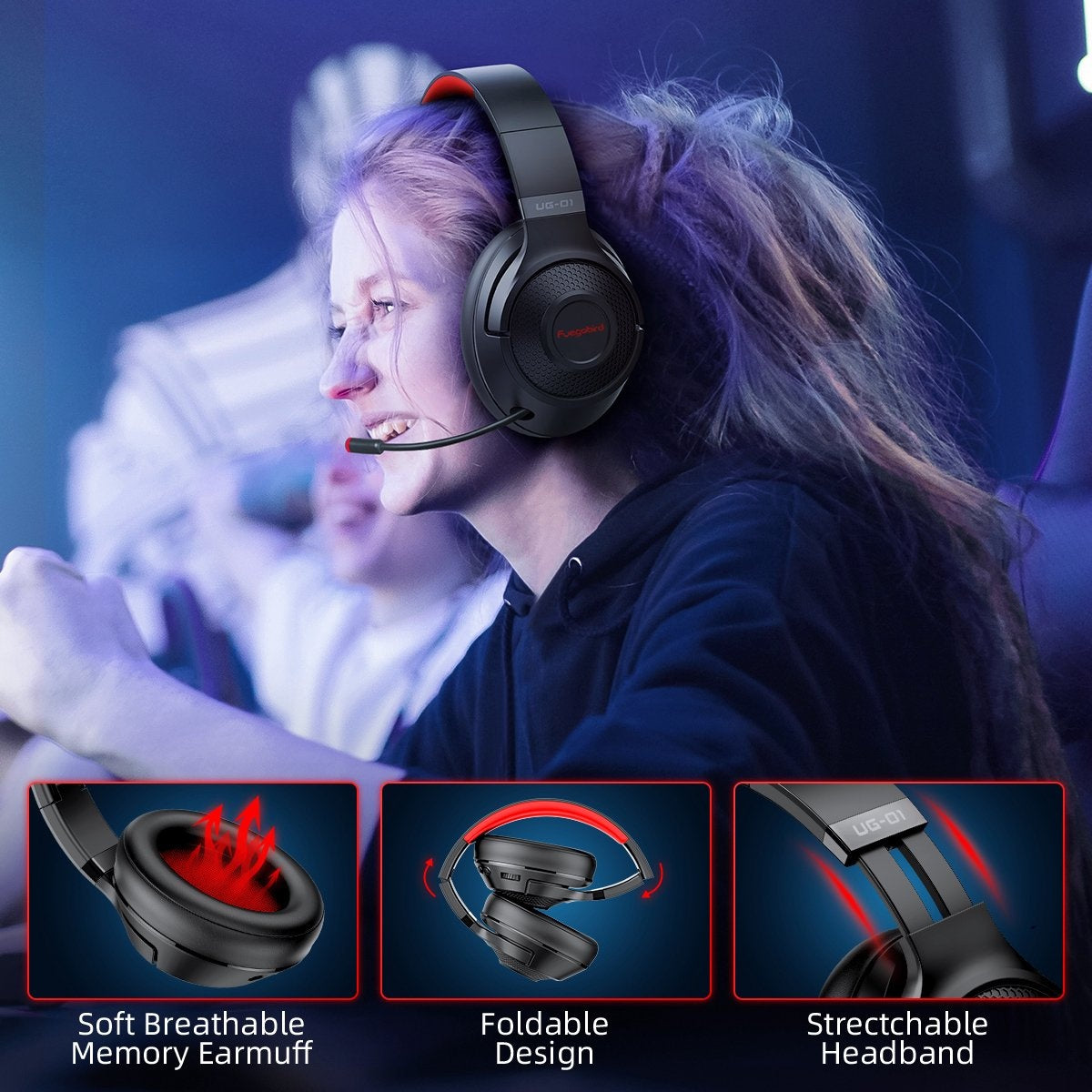 Fuegobird UG-01 2.4GHz Wireless Gaming Headset - Bluetooth Headset - Multiplattform - Geeignet für PS4/PS5, Nintendo Switch - Rot