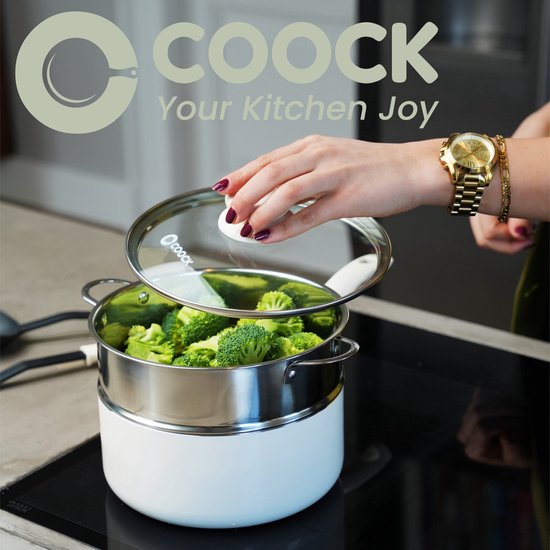 COOCK - 19-teiliges Induktionskochgeschirr-Set - Antihaftbeschichtung - Ergonomische Kaltgriffe - Inklusive Untersetzer - Weiß