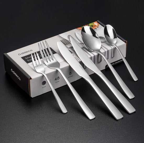 Deleca 8 Personen Besteckset Essential (48 Teile) - Löffel, Messer, Gabeln, Steakmesser & Kuchengabeln - Spülmaschinenfestes Besteck - Glänzend Silber / Edelstahl