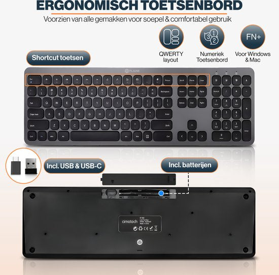 Ergonomische Tastatur - Kabellose Tastatur - Schnurlose Tastatur - USB-C & USB - Leise Tasten - Schwarz/Anthrazit - Geeignet für Windows & Mac