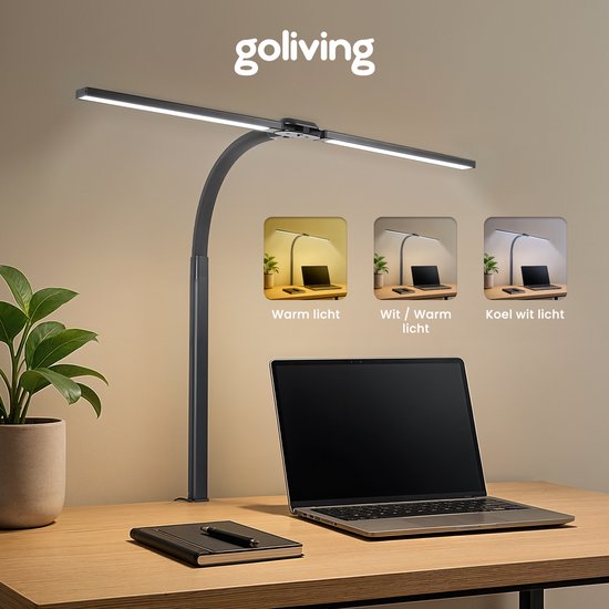 Goliving Schreibtischlampe mit Klemmhalterung XL - 78 CM - LED dimmbar mit Fernbedienung - Klemmhalterung - Tischlampe - Leselampe - Flexibel - LED Lampe - Touch Control - Softclose - Schwarz