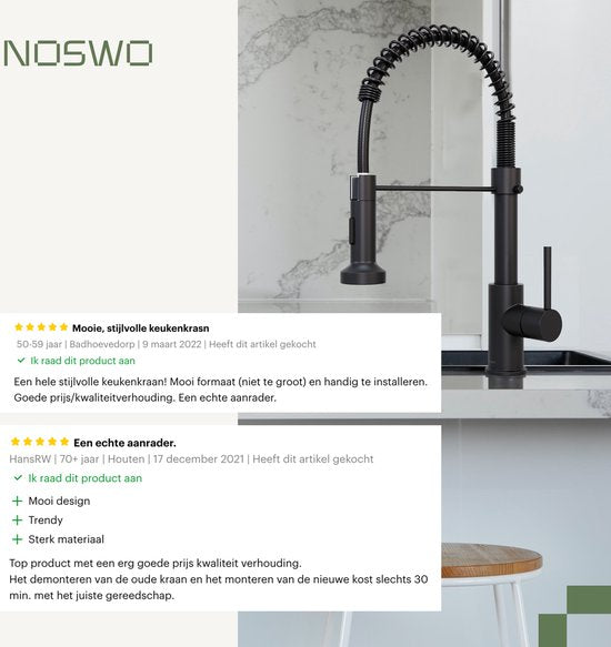 Noswo - Wasserhahn - mit ausziehbarem Brause - Küchenarmatur - Edelstahl - Schwarz
