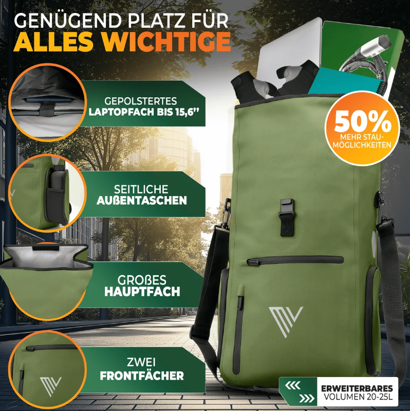 MiVelo EVO Fahrradtasche/Rucksack – 25 l – 100 % wasserdicht – 3-in-1 – Laptopfach – 60 x 30 x 15 cm