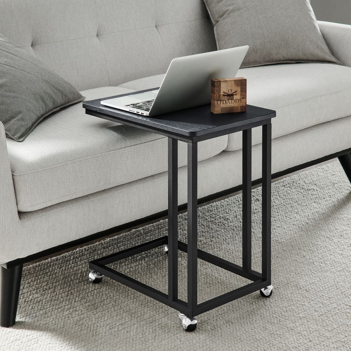 O'DADDY® Beistelltisch - Beistelltische - Beistelltisch Metall mit Holz - Beistelltisch - Couchtische - Beistelltisch schwarz - Nachttisch mit Rollen - Beistelltisch Rollen - Beistelltisch - Beistelltische mit Rollen - 50 x 35 x 55 cm - schwarz - grau