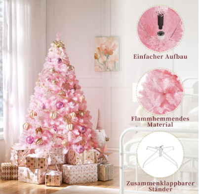 Yaheetech Kunstweihnachtsbaum 154 cm – Rosa – 398 Zweige – Zusammenklappbarer Ständer