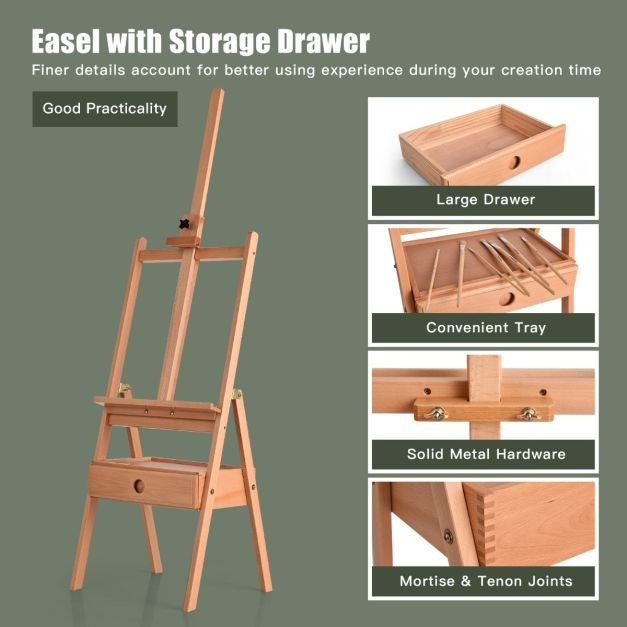 Coast Art-Ezel Floor Painter's Easel mit Schublade aus Buchenholz Painter's Easel mit verstellbarem Regal Natur