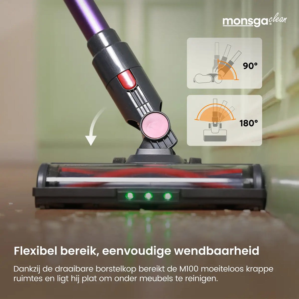 Monsga M100 Akku-Stabstaubsauger 55.000 Pa – 45 Min. Betriebsdauer – 1,8 l Staubbehälter – LED-Touchdisplay – Anti-Verfilzungsbürste – Grünes LED-Licht