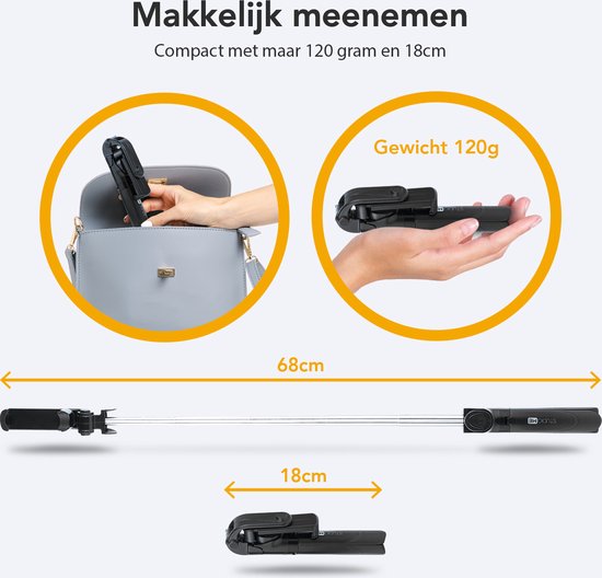 Studio ME - 3-in-1 Selfie Stick & Stativ - 19 bis 70 cm - Mit Bluetooth-Fernbedienung - Universelles Telefonstativ - Kompakt & Tragbar - Schwarzer Kunststoff & Edelstahl