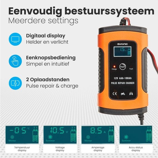 Auronic Batterieladegerät - Erhaltungsladegerät - für Autos und Motorräder - 12V - bis zu 100Ah - Orange