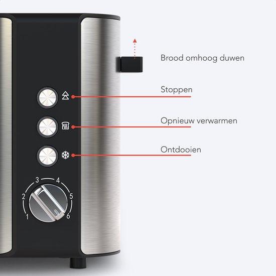 KitchenBrothers Toaster - Toaster - 6 Heizstufen - 2 extra lange Schlitze - 1520W - Edelstahl/Schwarz