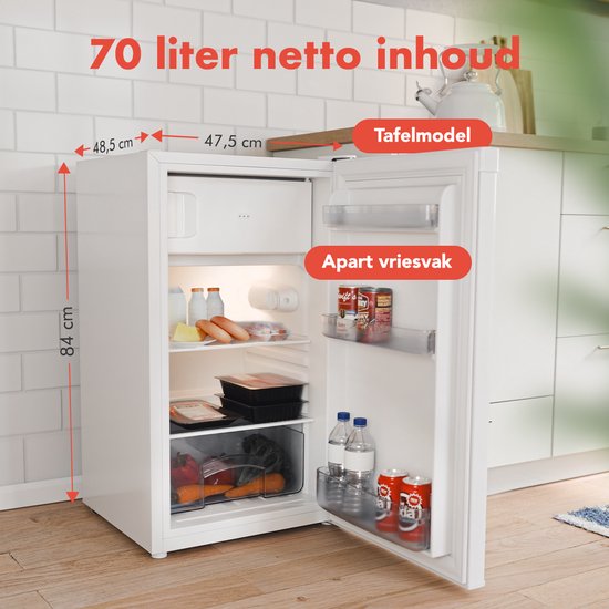 KitchenBrothers Kühlschrank - 81L - Tischkühlschrank mit Gefrierfach - Eisfach - Frigo - Freistehend - Weiß