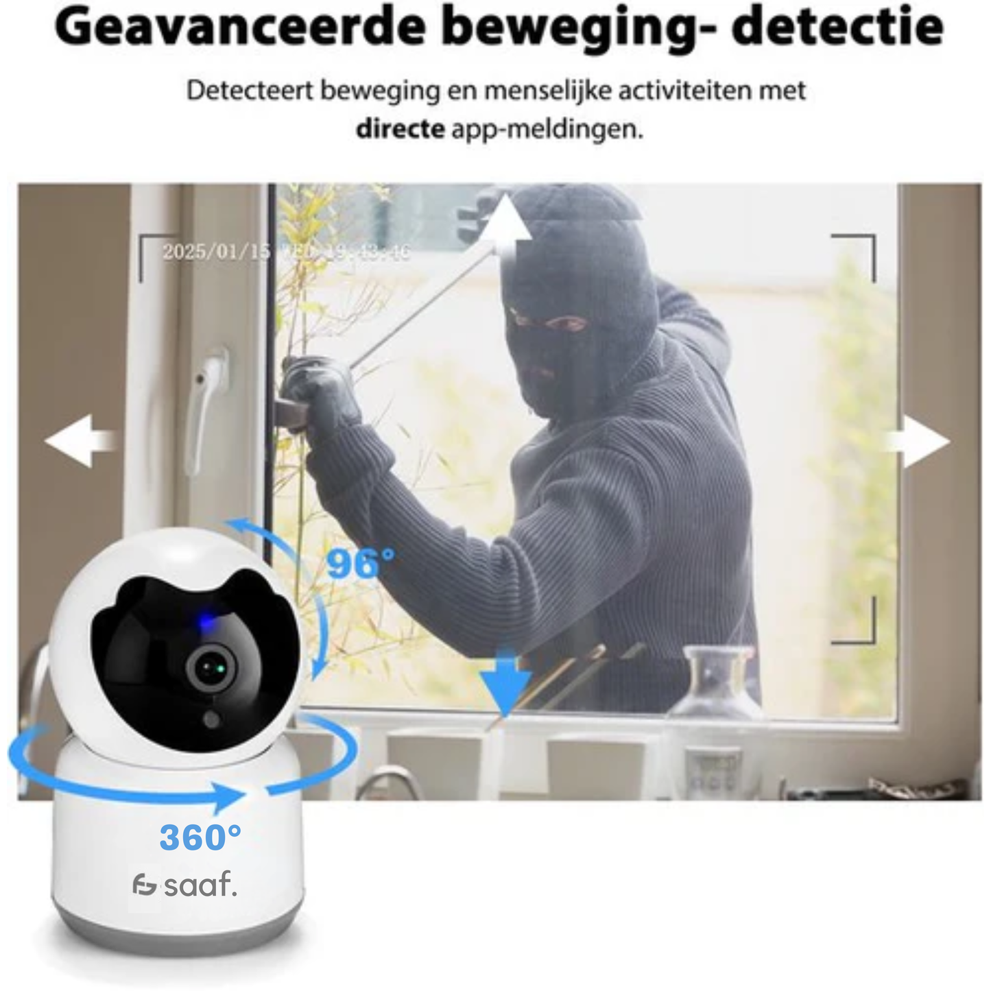 SAAF Sicherheitskamera - Für Innenräume - Mit Nachtsicht - Wifi und 64GB SD - Full HD - Tuya Smart - Weiß