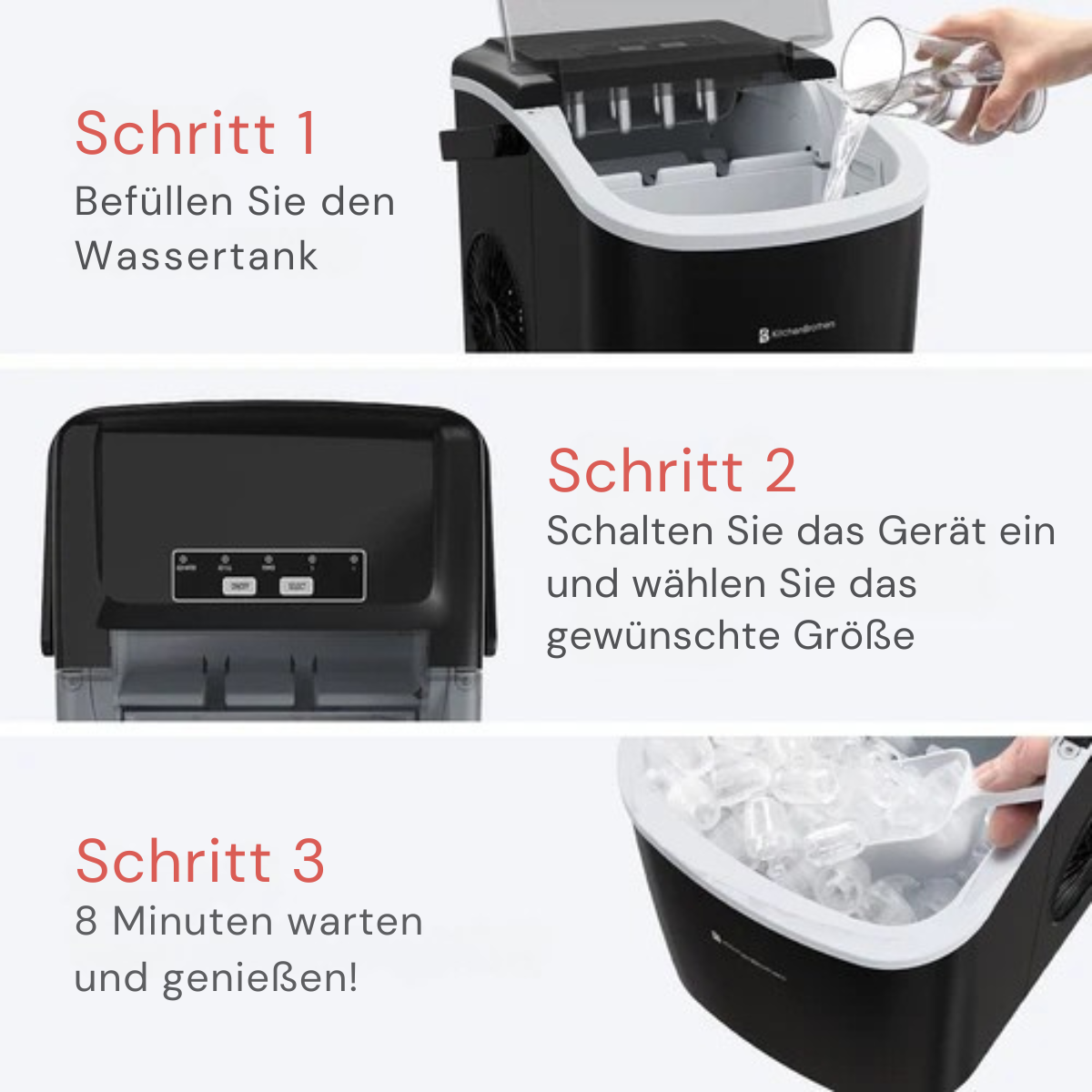 KitchenBrothers - Eiswürfelmaschine - mit Eisportionierer - Tragbar mit Handgriff - 1.2L - 7-10 min. - 12kg/24h - Schwarz