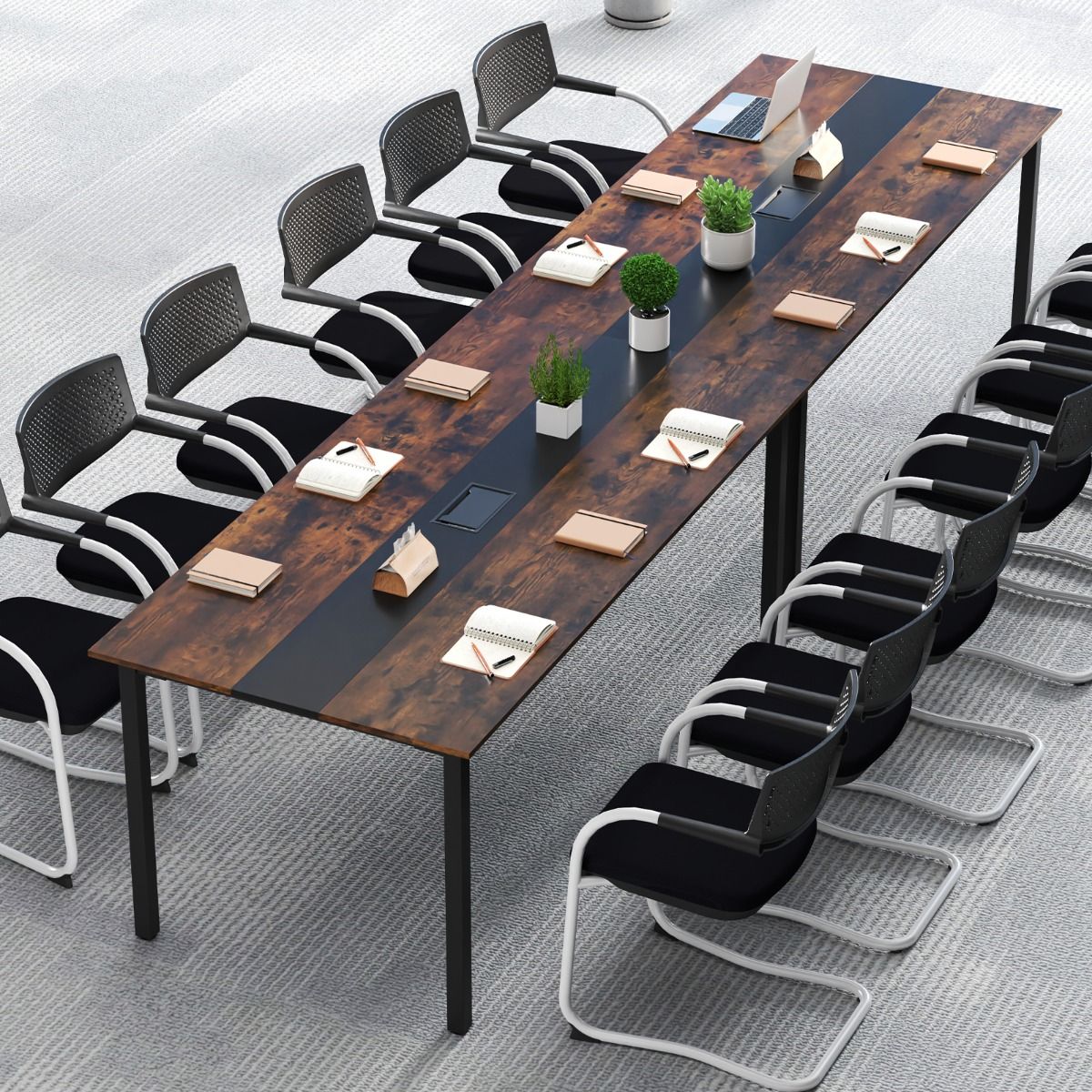 Coast-Konferenztisch – rechteckig – Kabelführung – rustikales Holz und Schwarz – 180 x 90 cm