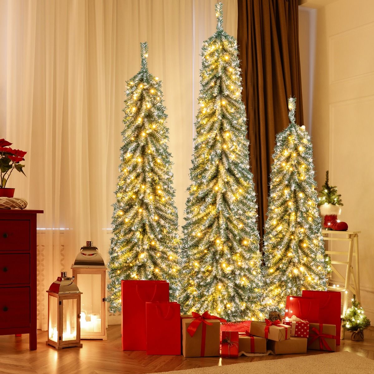 Coast Kunstweihnachtsbäume-Set – Bleistiftform – mit Kunstschnee und LED-Beleuchtung – 120/150/180 cm