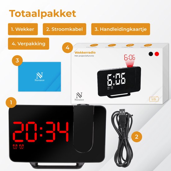 Nuvance Radiowecker – Digitaler Wecker mit Projektion – Radiowecker – 2 Weckzeiten – Digitale Wecker – Radiowecker mit Netzstrom