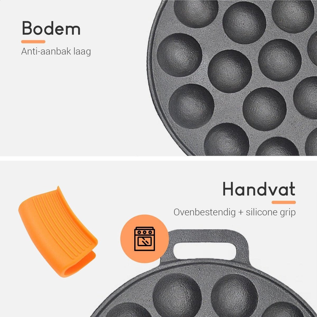 Ocina Poffertjes-Pfanne - Combo-Pack - 19 Poffertjes - Poffertjes-Maschine - Poffertjes-Pfanne Induktion - Poffertjes-Pfanne elektrisch - Gusseisenpfanne - Inklusive Spenderflasche, Griffe, 6x Poffertjes-Gabeln und Fettbürste - Gratis-Rezeptbuch