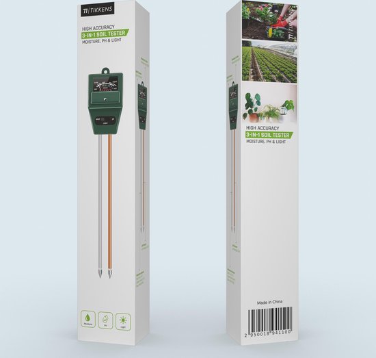 TIKKENS® Bodenfeuchtemessgerät Pflanzen - Pflanzenfeuchtemessgerät - pH- und Lichtmessgerät - 3 in 1 - Blumen/Pflanzen - Garten-Bodentests - Feuchtemessgeräte