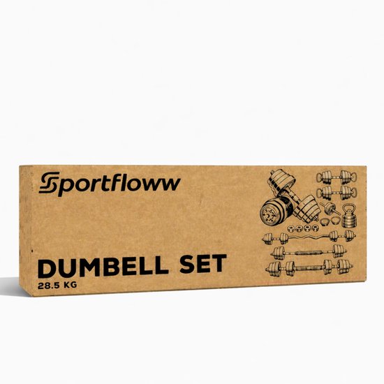 Sportfloww Hanteln 28,5 kg – Hantelset – Gewichtsset mit Kettlebell, Langhantel, EZ-Curlstange und AB-Roller – Verstellbare Hanteln