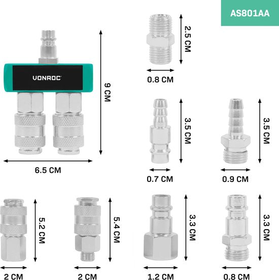VONROC Luftanschluss-Set – 16-teilig – Zubehörset für Druckluftsysteme – 1/4" – EU-RO/DIN 7,2 mm – ORION